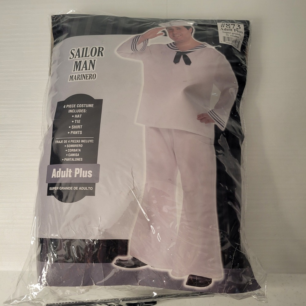 New Amscan Sailor Man Costume Adult Plus 48-52 #873 4 Pc Hat Tie Shirt Pants